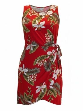 Two Palms Made in Hawaii Red Tropical Floral Rayon Faux Wrap Mini Dress S